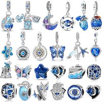 2025 New 925 Sterling Silver Heart Murano Glass & Butterfly Dangle Charm Fit Original Bracelet & Necklace Blue Series Jewelry