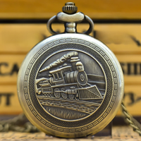 Vintage Bronze Clamshell Creative Locomotive Carved Necklace Quartz Pocket Watch Gift For Male And Female Students