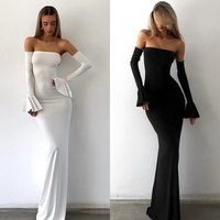 Combhasaki Women's Vintage Elegant Strapless Backless Solid Color Slim Fit Bodycon Mermaid Long Dress with Flare Arm Sleeves