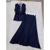Elegant washed pure linen petal collar top and wide hem skirt set