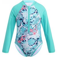 Kids Girls One-piece Swim Suits Brazilian Beachwear Long Sleeves Palm Printed Zippered Swimsuit Swimwear Bathing Suit Rash Guard
