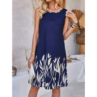Simple And Fresh Floral Pattern Printed Round Neck Sleeveless Dress Elegant Short Sleeve Waist Summer Slim Dress For Women