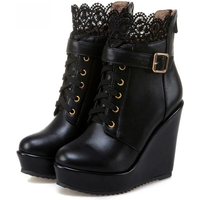 Gdgydh Fashion Lace Black Platform Wedge Ankle Boots For Women Lace Up Bridal Shoes Wedding White Ladies Gothic Punk Shoes Boots