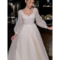 Vintage Sweetheart A-line Wedding Dresses Lace Appliques Long Puff Sleeves Tulle Bridal Gowns Lace-up Back Vestidos De Novia