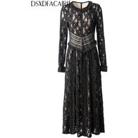 DSXDFACAIRIJ Women's O-Neck Long-sleeved Hook flower hollow Design Spring Autumnal New model High Street Solid Slim Dresses