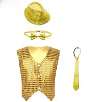 Kids Boys Jazz Dance Costume Glittery Sequin Vest Waistcoat with Hat and Bowtie Necktie Modern Stage Performance Tops Dancewear