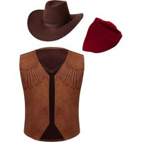Teen Western Cowboy Cowgirl Costume Open Front Vest with Print Bandanna Hat Set Halloween Carnival Theme Party Cosplay Clothes