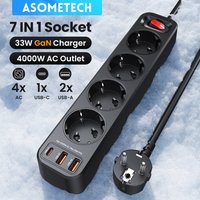ASOMETECH 4000W Bande de Puissance Multi Sortie 1.5M Rallonge Réseau Filtre Avec 3 USB PD 33W PPS Charge Rapide Surge Protector