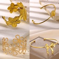 Stainless Steel Chunky Flower Bangle Bracelets for Women Gold Color Hollow Out Wide Cuff Bracelet Summer Vacation Ocean Jewelry