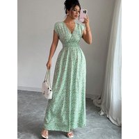 Summer 2026 Women's Emerald Green Floral Print Maxi Dress Deep V Neck Shirred Waist Long Elegant Dress for Dating Party Evening