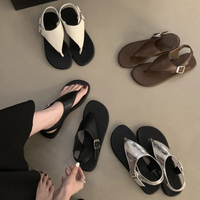 Concise Clip Toe Buckle Strap Sandals Woman Summer Elegant Pu Leather Flat Gladiator Shoes Ladies Casual Brand Design Flip Flops