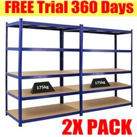 2X PACK Garage Shelving Units - Metal Storage Shelve 5 Tier Blue Adjustable Shelving Shelf Racking Unit Storage Rack, 875KG Capacity, Metal Shelves Boltless Rack for Workshop, Shed, Office, 180 x 90 x