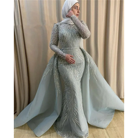 Sparkly Beaded Turkey Muslim Evening Dress Long Sleeve Dubai silver Luxury Customsized overskirt Mermaid robe de soree