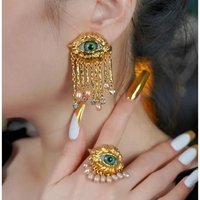 Medieval Personality Devil's Eye Pearl Tassel Earrings for Women Girl Light Luxury High-end Ring Necklace Jewellery Accessories