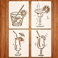4PCS Cocktail Stencil Template Drink Glass Pattern Painting Stencil for Bar Decor DIY Art Drawing Template for Wall Canvas Wood