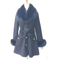 2023 Spring Women Brown Wool Blended Coat With Real Fox Fur Collar With Belt Slim Female Wool Jacket With Genuine Fur Cuff