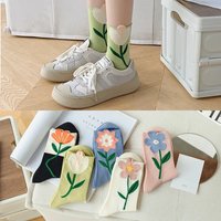 5 Pairs Winter Socks Flower Women Korean Japanese Style Floral Candy Color Harajuku Kawaii Cute Mid Tube Cotton Socks Spring Ins