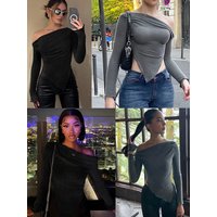 New T-shirt Autumn Winter Women Sexy Black Skew Collar Tees Fashion Long Sleeves Asymmetrical Female Elegant Versatile Clothing