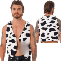 Men Western Cowboys Cosplay Costume Cow Print Flannel Thicken Vest Waistcoat Halloween Carnival Festival Party Roleplay Clothes