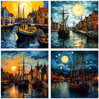 Retro Oil Painting Maritime City Ships Setting sun Iron On Transfer Art Sticker For Clothes T-shirt DIY Heat Transfer Patch DTF