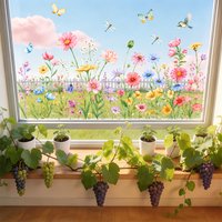 Spring Wildflower Window Stickers for Glass, Colorful Butterfly Floral Window Clings, Static Window Decor for Bedroom Living Roo