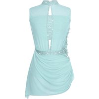 Women Figure Skating Dance Dress Applique Flower Leotards Lyrical Dance Costume Sleeveless Backless Sheer Mesh Overlay Dress