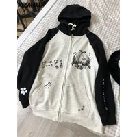 Japanische Kontrastfarben-Kapuzenoberteile für Damen, Y2k-Ästhetik, Cartoon-Print, Grunge-Hoodie, lässiger Reißverschluss-Sweatshirt, Harajuku-Streetwear