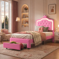 3FT Upholstered Bed 90x190cm, Girls Bed with Adjustable Crown Shape Headboard, Bed Frame with Storage Space and Drawer, Sturdy Metal & Wood Slats, PU Fabric, No Mattress