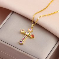 New 18K Gold Plated Retro Colorful Zircon Crystal Cross Pendant Necklaces For Women Vintage Punk Style Female Neck Chain Jewelry
