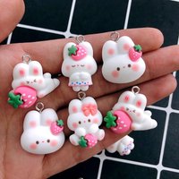 10pcs Kawaii Pink Bowknot Strawberry Rabbit Resin Charms Small Animal Pendant For Earring Keychain Crafts DIY Jewelry Making