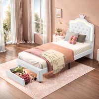 Single Bed Frame (3FT, 90x190cm), Girls Bed with Adjustable Crown Shape Headboard, Bed Frame with Storage Space and Drawer, PU, White