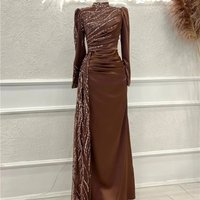 Simple Evening Dresses Satin Prom Dress Appliques Floor Length Robes For Formal Party Full Sleeves Vestidos De Gala Customized