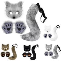 Fluffy Fur Fox Tail Cat Paws Gloves and Face Mask Cosplay Costume Wolf Therian Mask Set Halloween Party Accessories