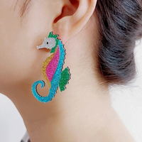 KUGUYS Colorful Seahorse Long Big Stud Earrings For Women Glitter Acrylic Animal Marine Life Trendy Jewelry Fashion Accessories