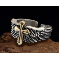 Retro Cross Feather Graffiti Ring For Men Punk Gothic Adjustable Ring Handmade Rock Hiphop Unisex Jewelry Accessories Man Gift
