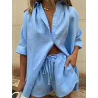 Casual Cotton Solid Color Sets Women Short Sleeve Loose Shirt Wide Leg Shorts Two Piece Set Woman Suits 2024 Summer Outfits