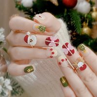 24pcs Short Round Christmas False Nails Cute Cartoon Santa Claus Xmas Tree Pattern Press On Nail Bow Pearl Decor Sweet Fake Nail