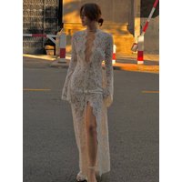 Sexy White Lace Bandage Slit Maxi Dress For Women V Neck Hollow out Elegant Long Sleeve Dresses Beach Party 2025 Summer New In