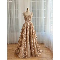 Sansa Customized Brown Flower Embroidery Lace-Up Prom Dress Bow Straps A-Line Vestidos De Noche Floor-Length Formal Evening 2025