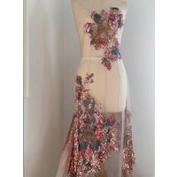 Pink Green Bead Embroidery Fabric With Big Flowers, Heavy Bead Tulle Fabric With Florals For Dress, Couture