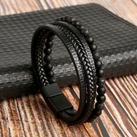 Vintage Men'S Natural Stone Lava Matte Black Onyx Multi-Layer Leather Beaded Bracelet