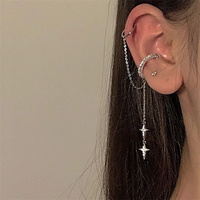Shiny Silver Color Crystal Tassel Non-Piercing Cuff Ear Clip Earring For Women Rhinestone Star Fake Cartilage Piercing Jewelry