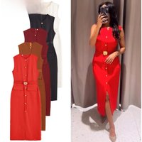 HXAO Womens Black Dresses Belt Long Dresses Summer 2025 Casual Women's Dresses Midi Sleeveless Vestidos Button Up Slim Dresses