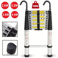 Stainless Steel One-Button Retractable Telescopic Ladder 2.6M to 6.3M, Detachable Hooks & Stabilizer Bar, EN131 Certified, 150kg Maximum Load, Anti-Slip Portable Ladder Multi-Purpose Indoor Outdoor