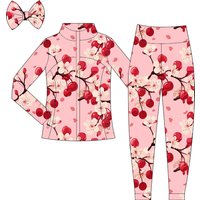 Hot Sales Kids Milk Silk Print Clothing Girl Chocolate Heart Strawberry Puppy Cherry Blossom Outfit Toddler Jacket Pants Set
