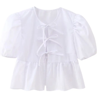 Zevity Women Sweet Pleats Puff Sleeve Bow Tied Lace Up Tierred Smock Blouse Office Lady Shirt Chic Chemise Blusas Tops LS5929