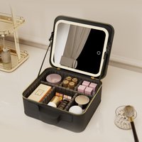 LED Makeup Train Case with Mirror, 3-Color Touch Dimmable, Adjustable Dividers, Type-C Rechargeable Travel Cosmetic Box