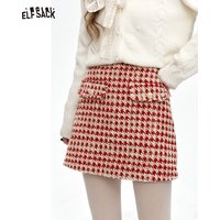 ELFSACK Women's Red Plaid Tweed Skirt Winter 2024 New Arrivals Classic A-Line Mini Skirt for Ladies