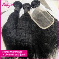 PAPYON Kinky Straight Human Hair Bundles With Closure Bundles With Lace Frontal 4x4 Transparent Yaki Straight Human Hair Extensions