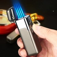 AliExpress Creative Strong Firepower Butane Gas Lighter Turbo 4 Torch Blue Flame High Pressure Jet Straight Cycle Cigar Lighter Men's Gift